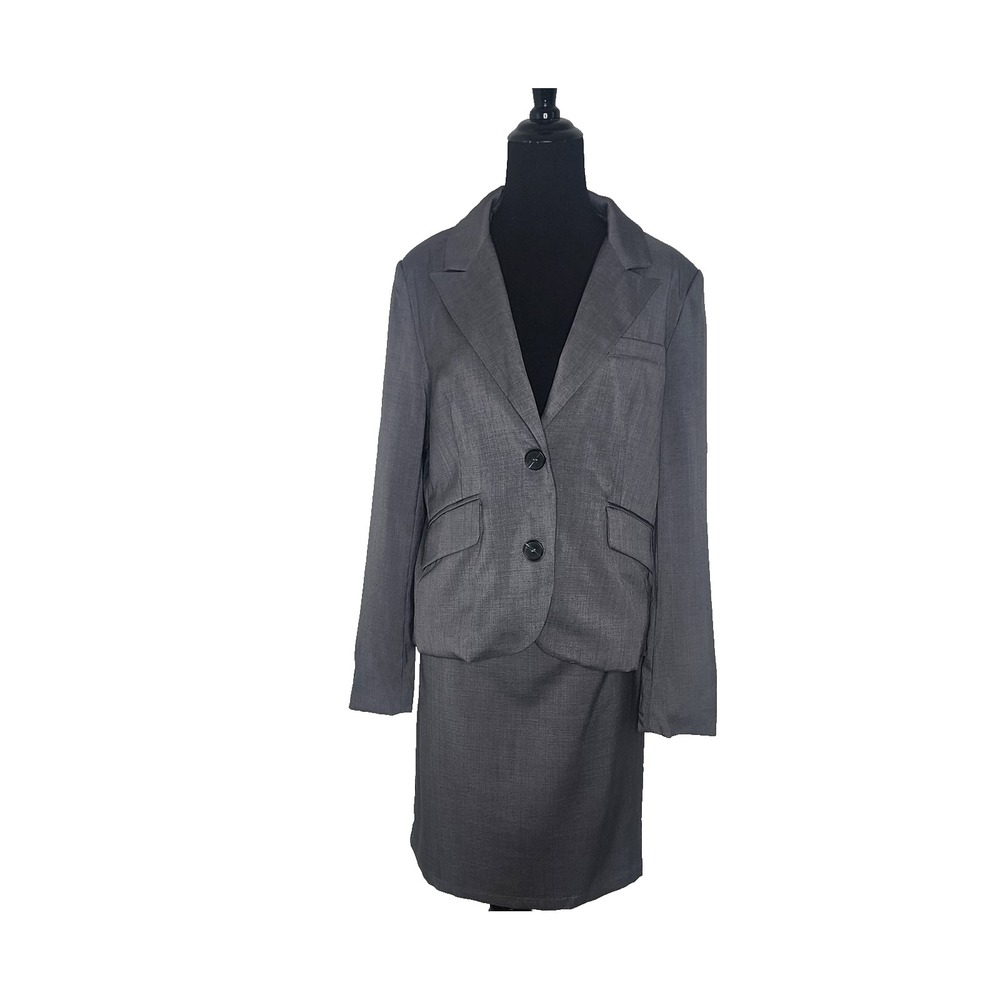 Womens Gray 2 Piece Skirt Suit Set Blazer Jacket + Pencil Skirt Business L